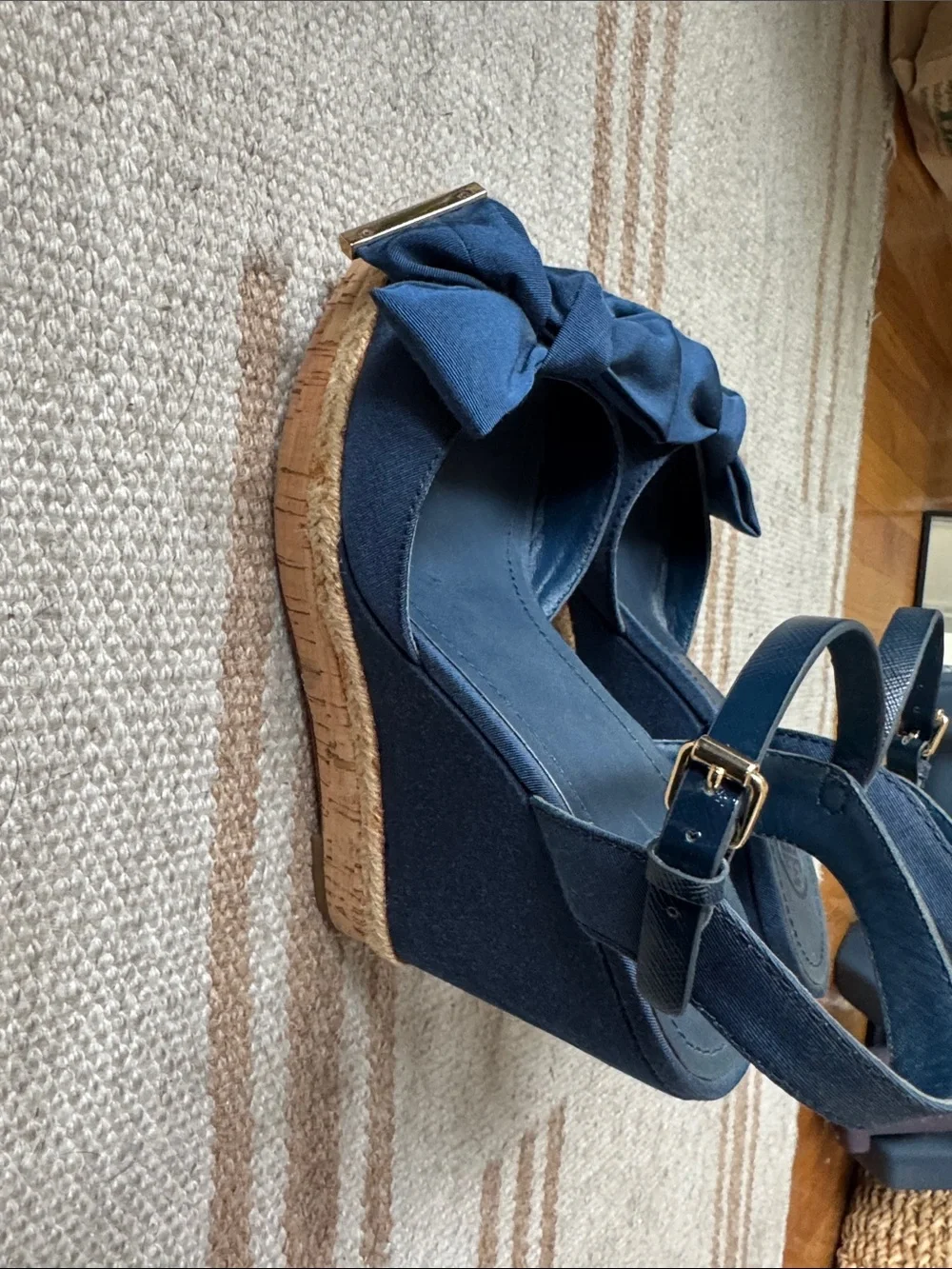 Tory Burch Navy Bow Slingback Wedge Sandals